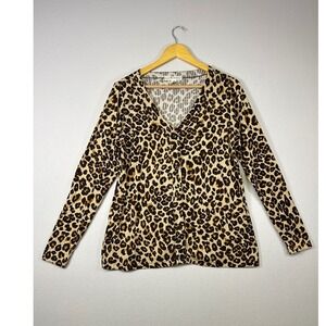 Mob Wife Eye Candy Women 1X Brown Leopard Print Ribbed Button Front Cardigan‎